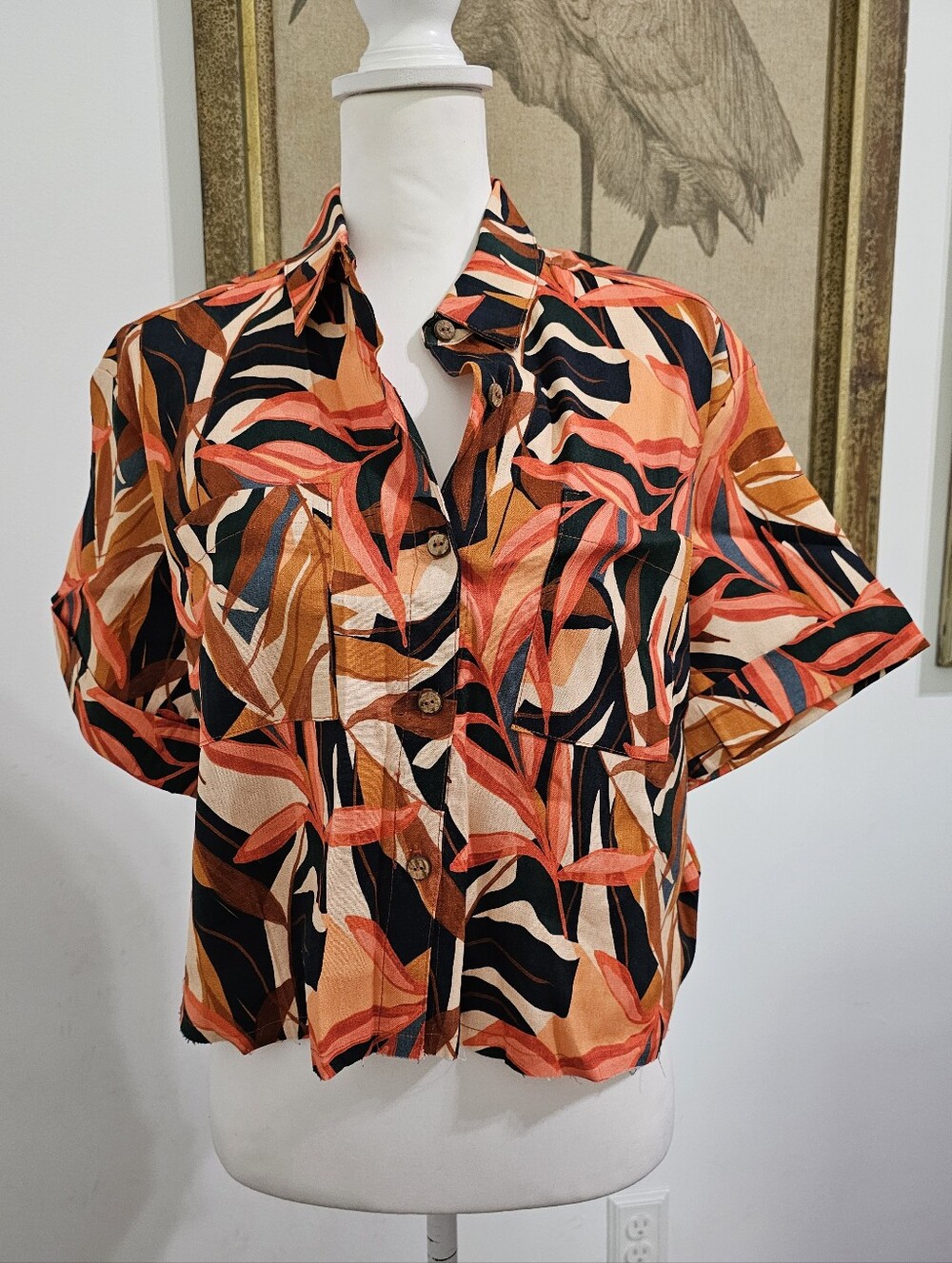 Resort Button Down Top Frayed Hem Boxy Shirt Size M - Picture 14 of 15